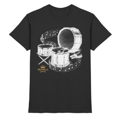 Drumella Drummer T‑Shirt „Three Drums – One Passion“ - Premium Shirt