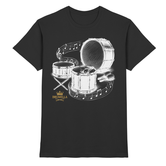 Drumella Drummer T‑Shirt „Three Drums – One Passion“ - Premium Shirt
