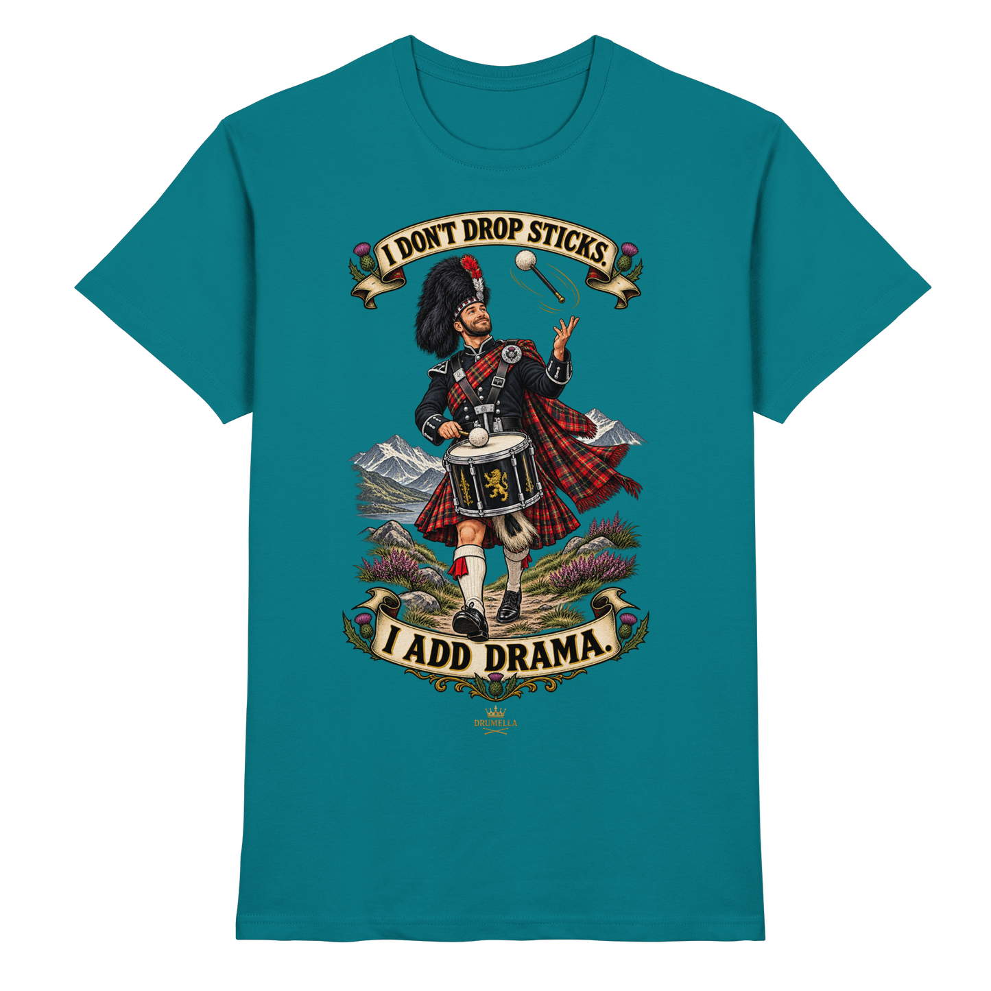 Drumella Tenor-Drummer T‑Shirt „I Don’t Drop Sticks. I Add Drama.“ - Premium Shirt