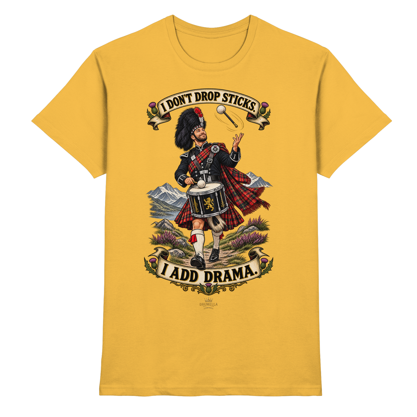 Drumella Tenor-Drummer T‑Shirt „I Don’t Drop Sticks. I Add Drama.“ - Premium Shirt