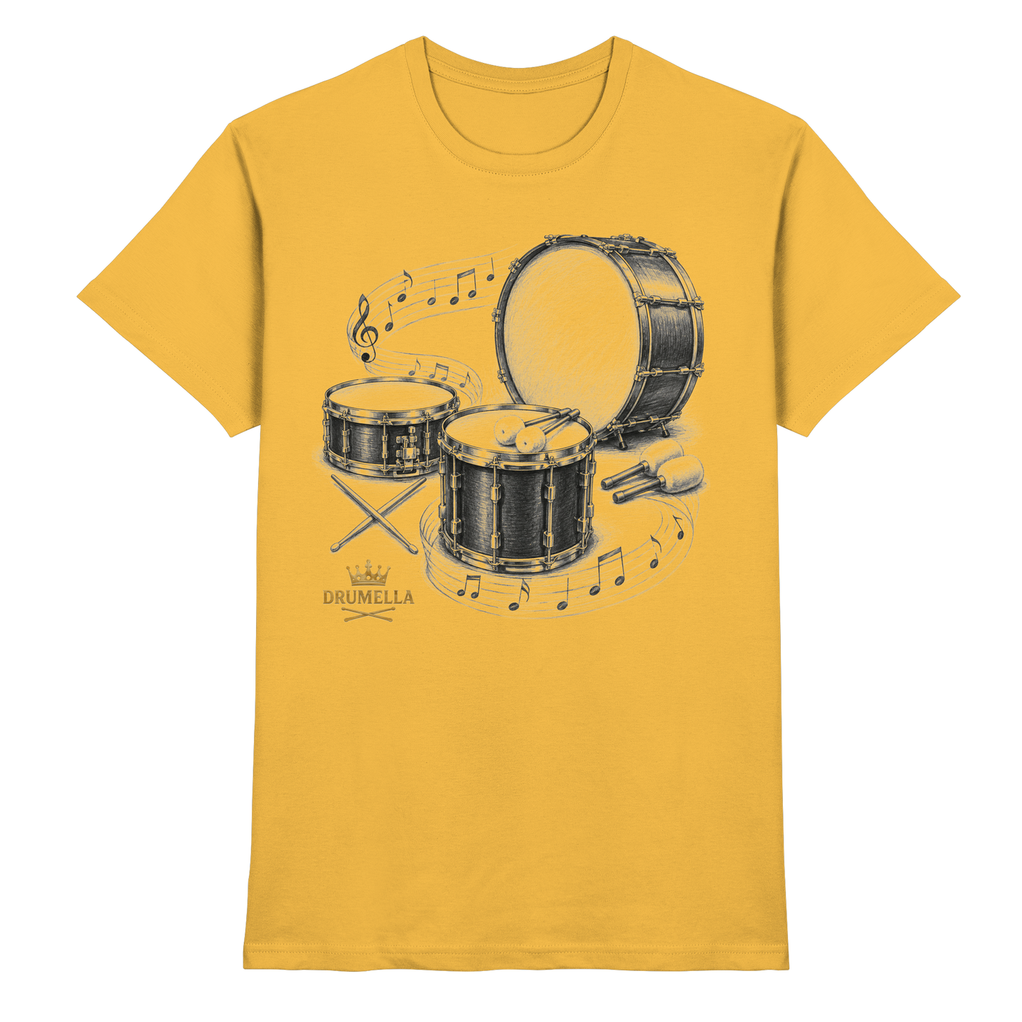 Drumella Drummer T‑Shirt „Three Drums – One Passion“ - Premium Shirt
