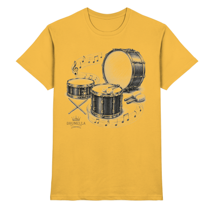 Drumella Drummer T‑Shirt „Three Drums – One Passion“ - Premium Shirt