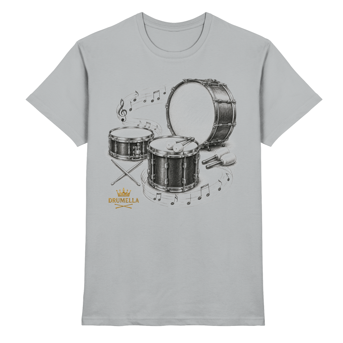 Drumella Drummer T‑Shirt „Three Drums – One Passion“ - Premium Shirt