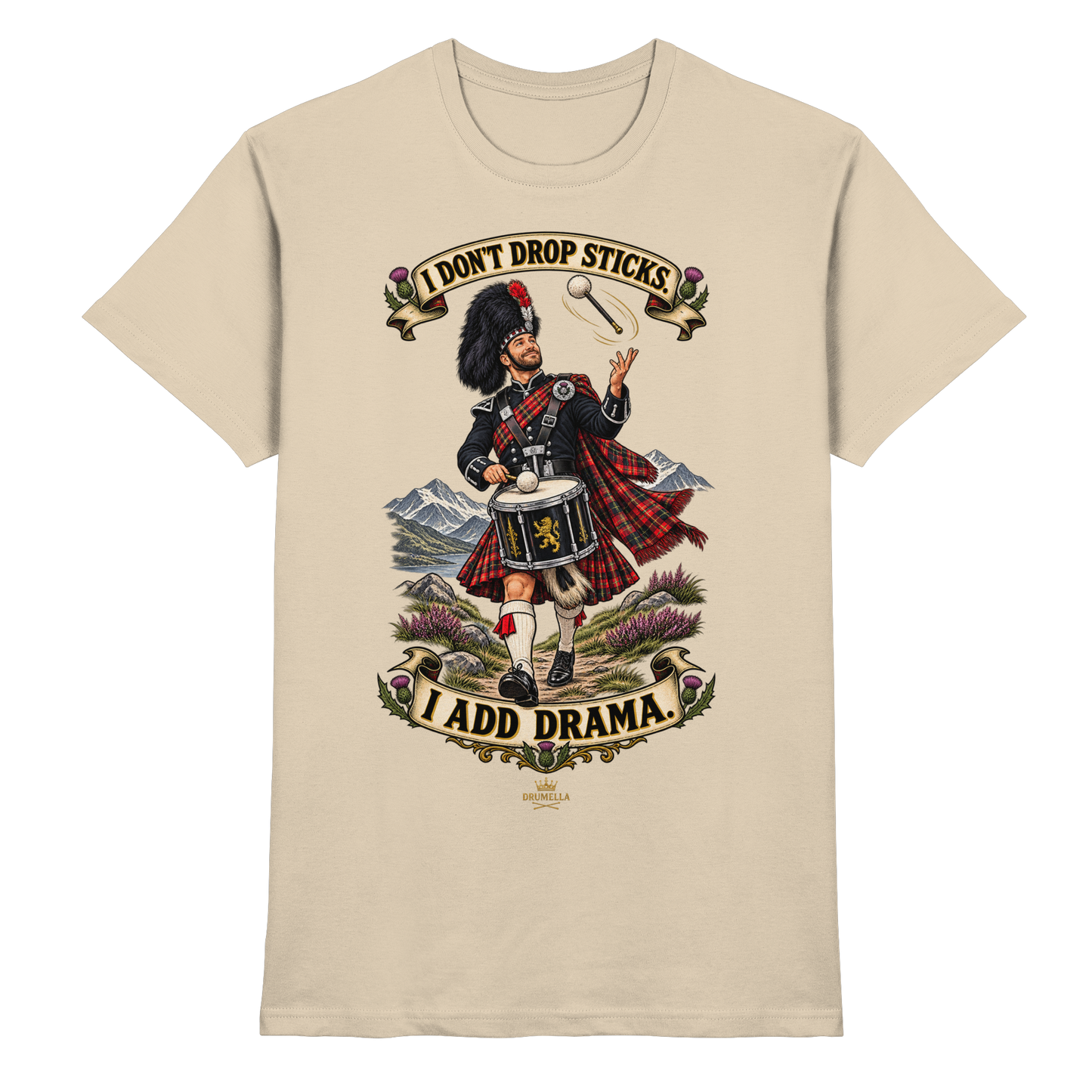 Drumella Tenor-Drummer T‑Shirt „I Don’t Drop Sticks. I Add Drama.“ - Premium Shirt