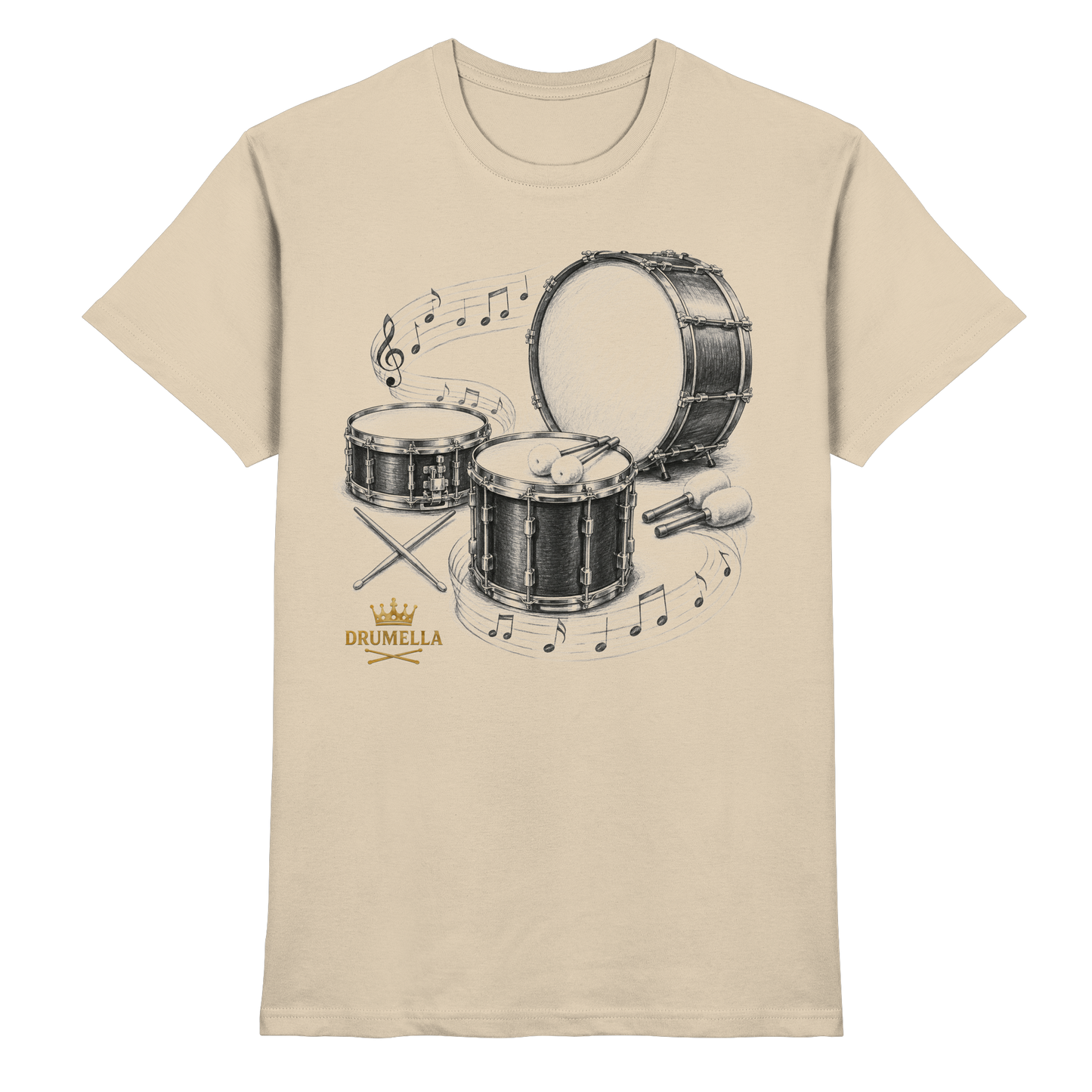 Drumella Drummer T‑Shirt „Three Drums – One Passion“ - Premium Shirt