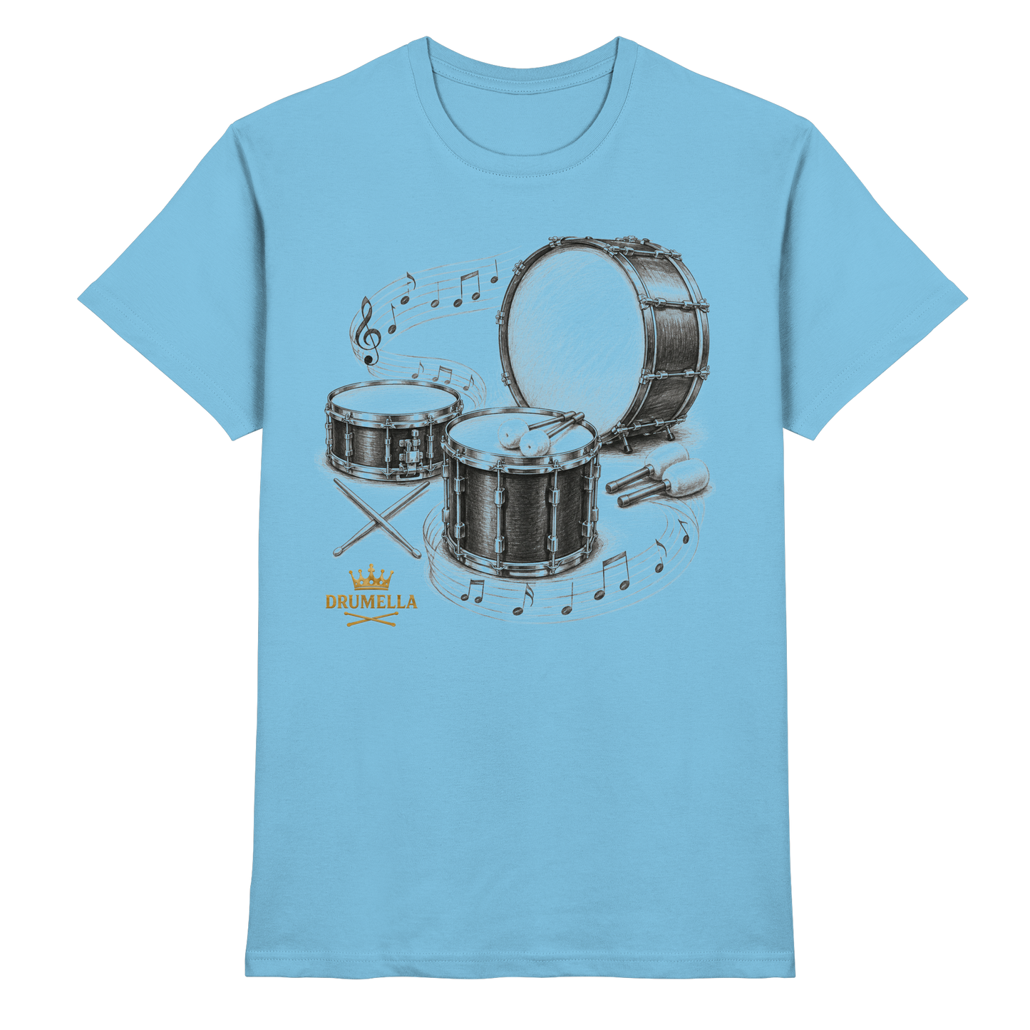 Drumella Drummer T‑Shirt „Three Drums – One Passion“ - Premium Shirt