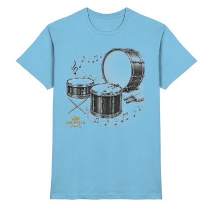 Drumella Drummer T‑Shirt „Three Drums – One Passion“ - Premium Shirt