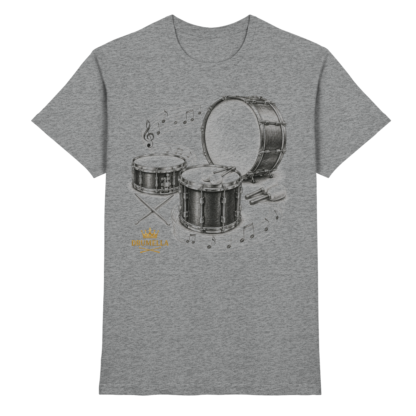Drumella Drummer T‑Shirt „Three Drums – One Passion“ - Premium Shirt