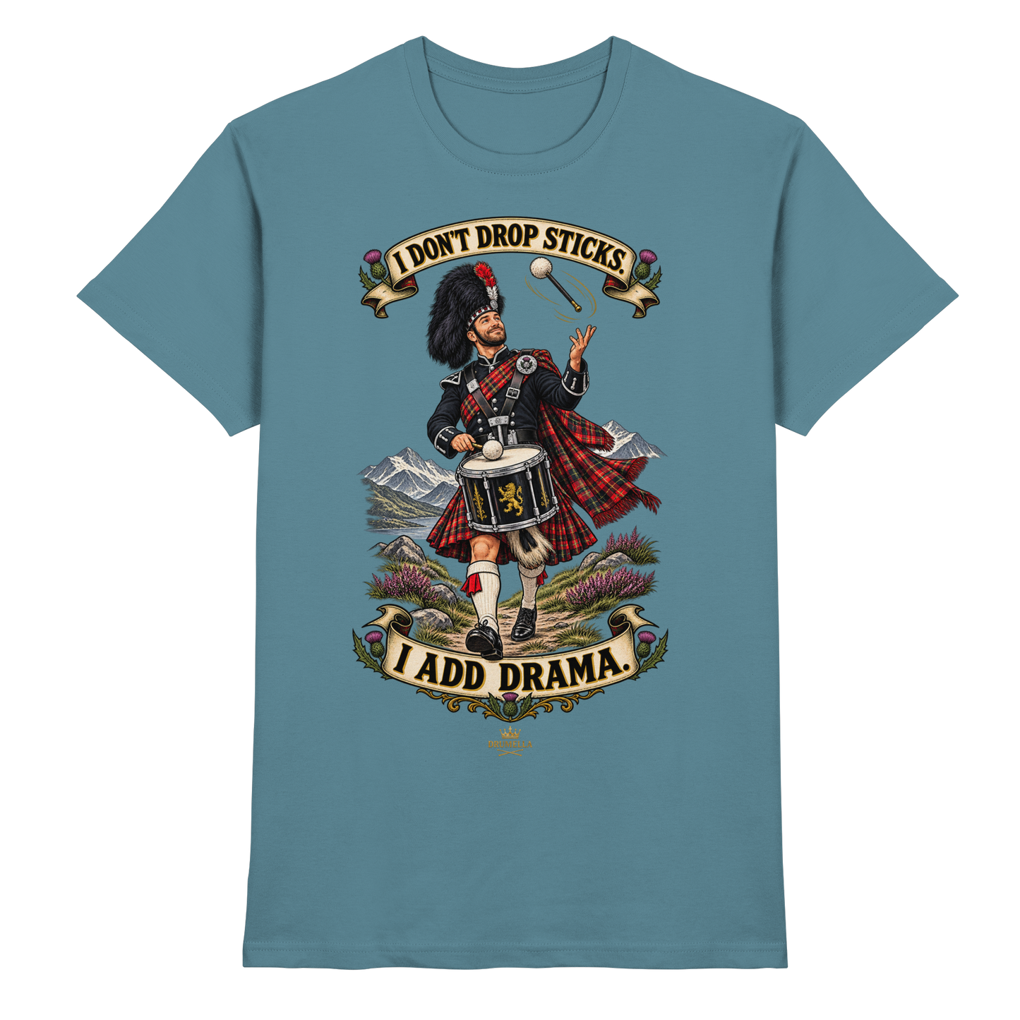 Drumella Tenor-Drummer T‑Shirt „I Don’t Drop Sticks. I Add Drama.“ - Premium Shirt