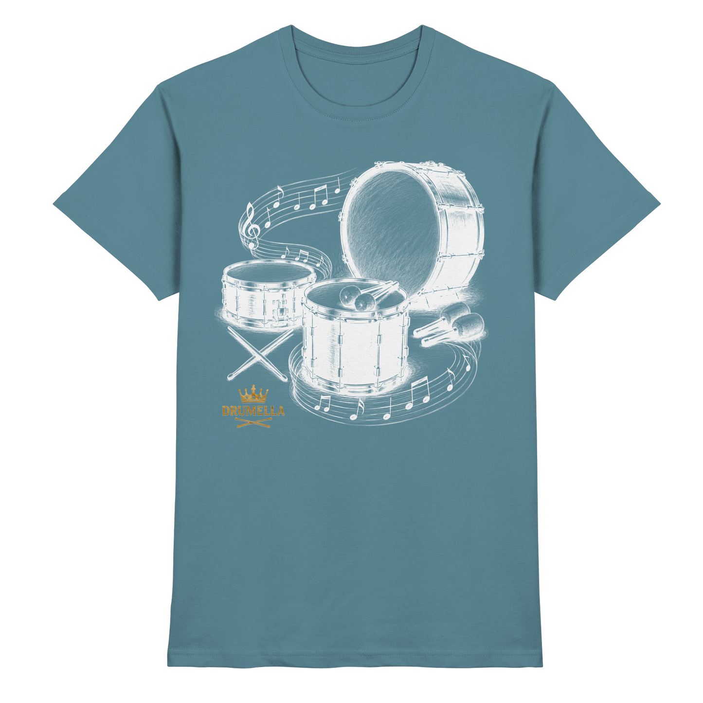 Drumella Drummer T‑Shirt „Three Drums – One Passion“ - Premium Shirt