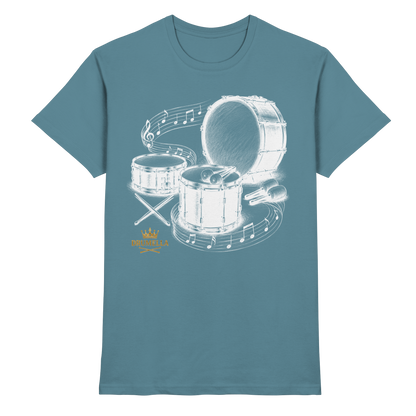 Drumella Drummer T‑Shirt „Three Drums – One Passion“ - Premium Shirt