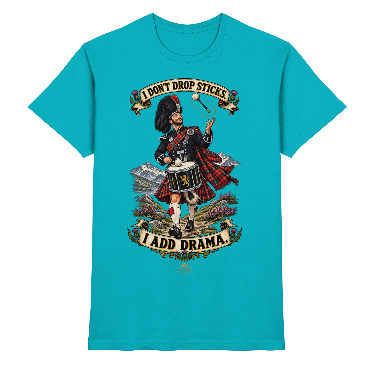 Drumella Tenor-Drummer T‑Shirt „I Don’t Drop Sticks. I Add Drama.“ - Premium Shirt