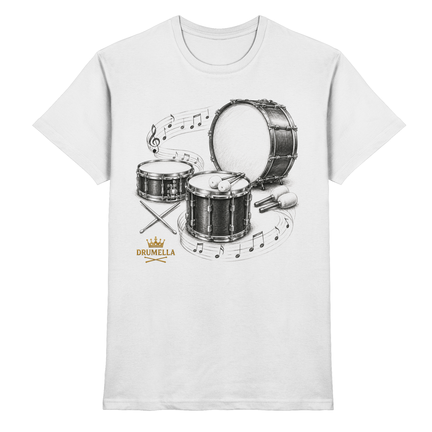 Drumella Drummer T‑Shirt „Three Drums – One Passion“ - Premium Shirt